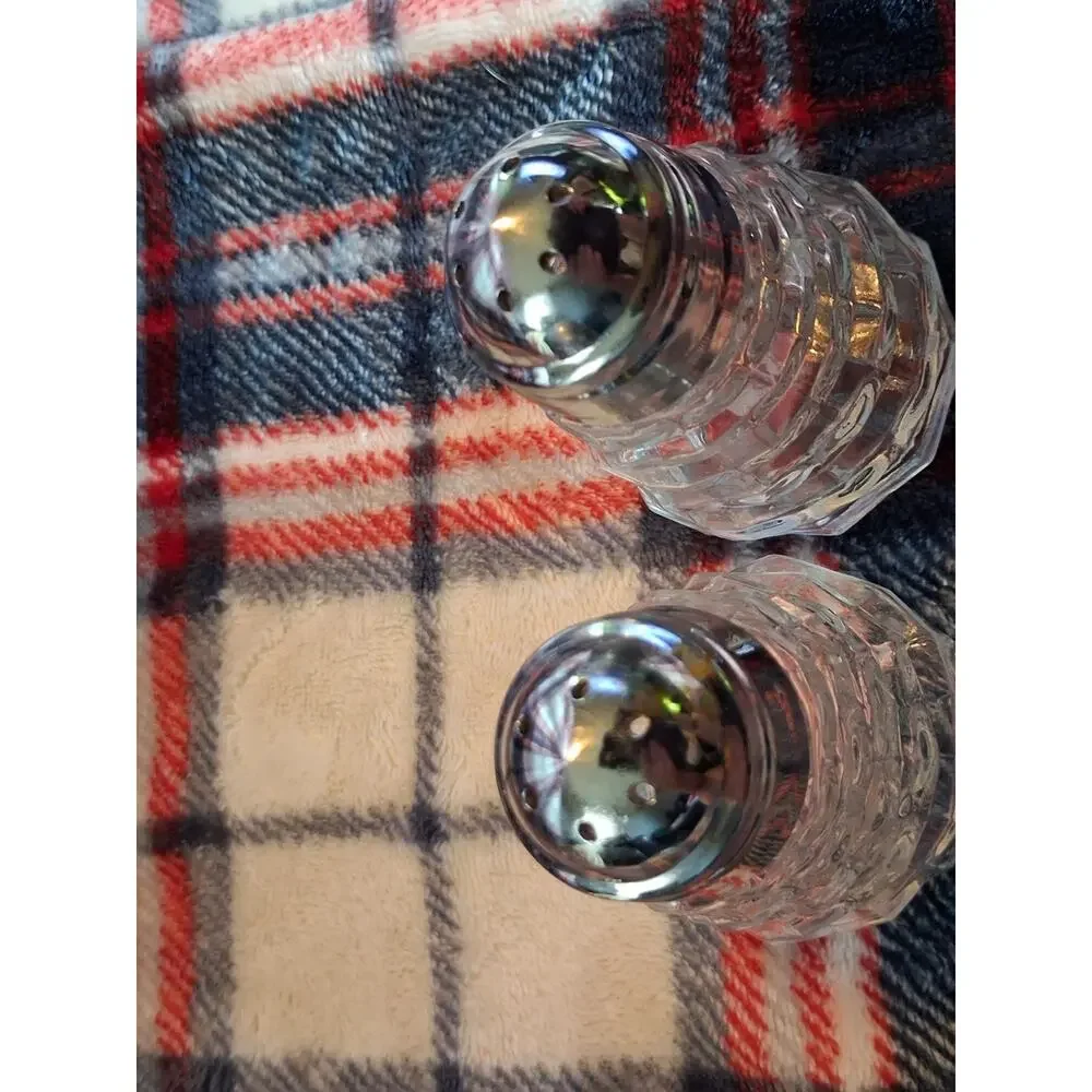 Pair of Fostoria American Glass Salt & Pepper Shakers W/Metal Lids Cube Pattern